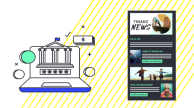 Laptop-Illustration mit Bankgebäude und Passwortfeldern neben Newsletter-Mockup 'FINANZ NEWS'