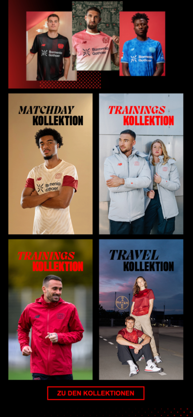 Collage mit Models in Trikots und Trainingsjacken mit den Überschriften Matchday, Trainings, Travel