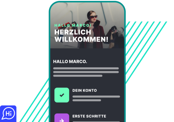 Mobilbildschirm mit Willkommenskarte, Frau mit Einkaufstüten und Textabschnitten 'Hallo Marco' und 'Dein Konto'.