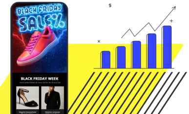 Smartphone-Layout mit Neon‑Black‑Friday‑Sale, pinkem Sneaker und Balkendiagramm