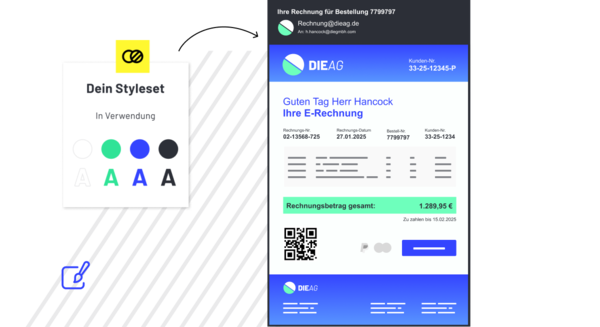 Mockup einer E-Rechnung rechts neben einem Styleset‑Panel mit Farben und Typografie