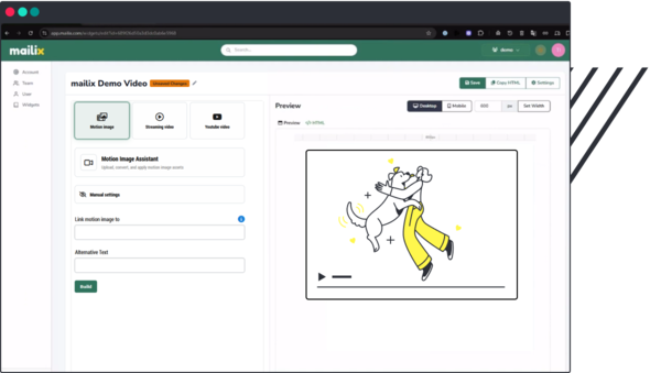 Mailix editor screenshot showing the Motion image tab and a preview illustration of a person hugging a dog