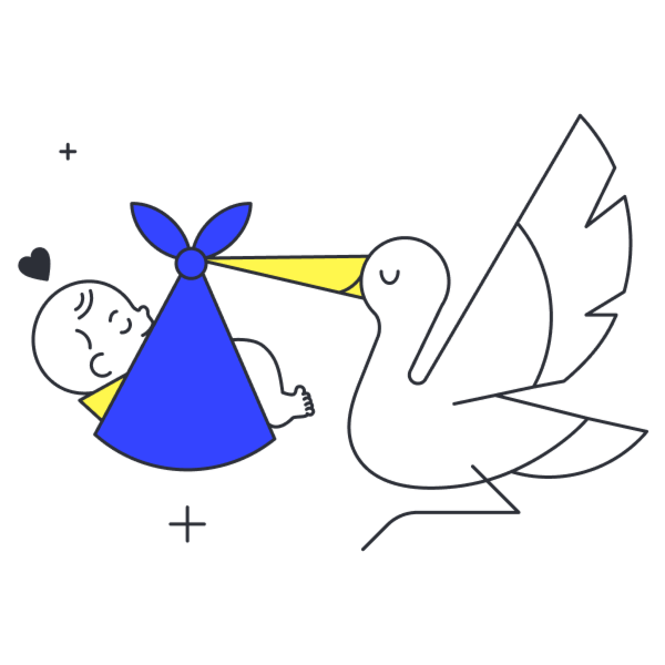 Stilisierte Illustration eines Storchs, der ein in blaues Tuch gewickeltes Baby trägt