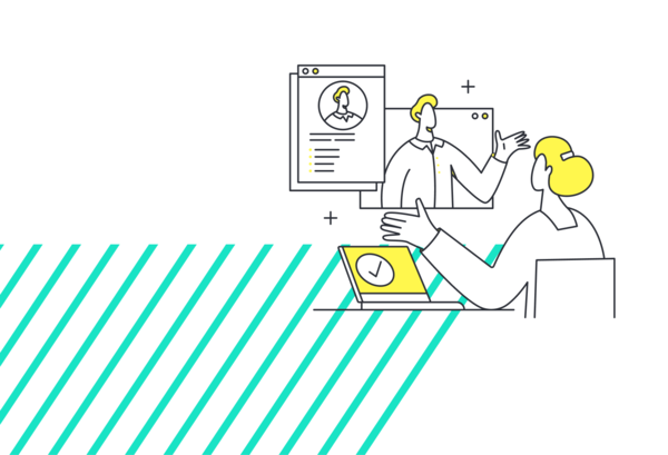 Illustration einer Person im Austausch mit Kontakten über digitale Kommunikationsfenster.