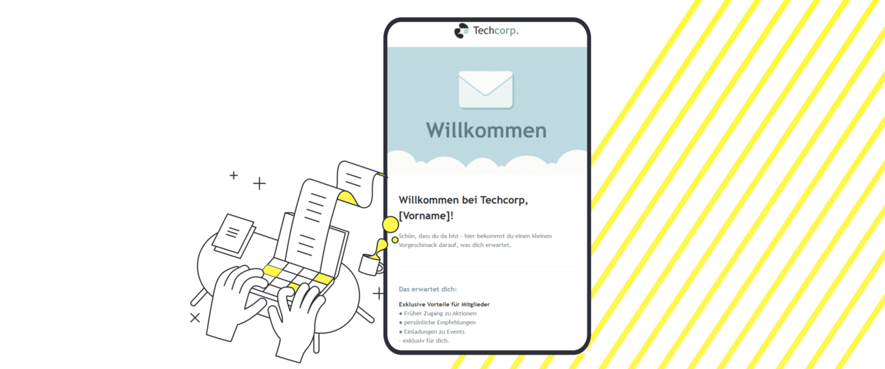 Willkommensmail-Vorlage mit persönlicher Begrüßung, Vorteilen für Abonnenten und einer Vorschau auf kommende Inhalte.