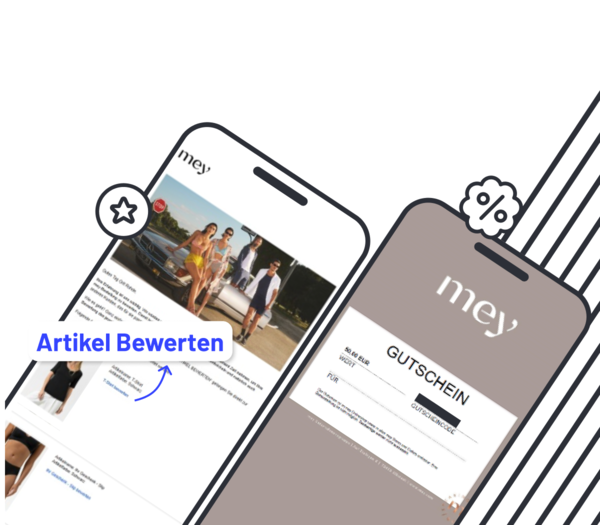 Zwei Smartphone-Illustrationen mit Produktseite, 'Artikel Bewerten'-Badge und Gutscheinanzeige von mey'