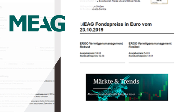 MEAG-Logo neben einem Ausschnitt des Fondspreis-Newsletters mit Fondsübersicht und Finanzinformationen.