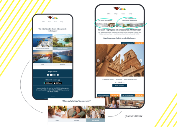 Zwei Smartphone-Ansichten mit AIDA Newsletter-Layouts, Auswahlkacheln für Reiseziele und 'Mediterrane Schätze ab Mallorca'