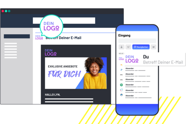 Desktop-Newsletter-Vorschau neben Smartphone-Posteingang mit Platzhalterlogo und Foto