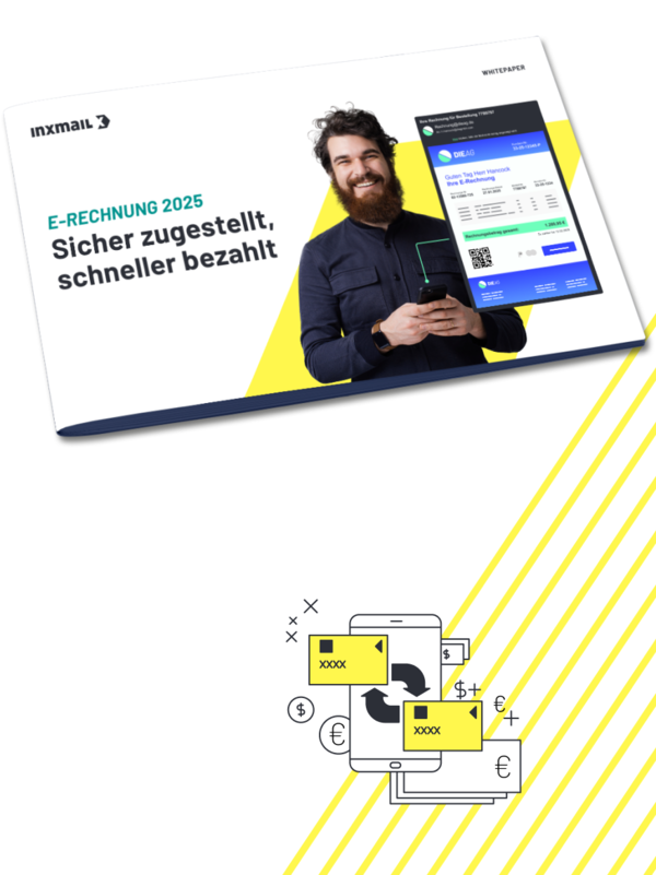 Mann mit Smartphone vor Whitepaper-Cover: E-Rechnung 2025, sicher zugestellt, schneller bezahlt