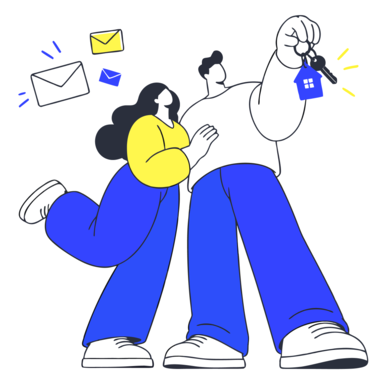 Zwei illustrierte Personen mit Schlüssel und zielgerichteter Kundenkommunikation.