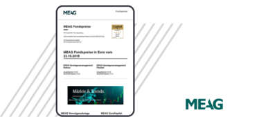 Smartphone mockup showing German MEAG newsletter preview, MEAG logo at right, diagonal stripes