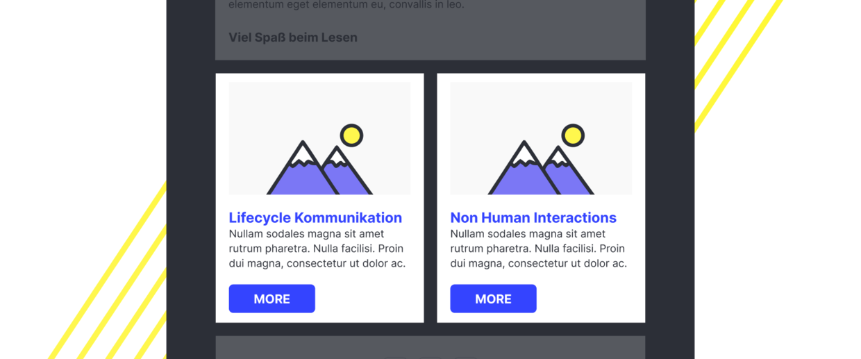 Zwei Karten mit Berg-Illustrationen, Titeln 'Lifecycle Kommunikation' und 'Non Human Interactions' und 'MORE'-Buttons.