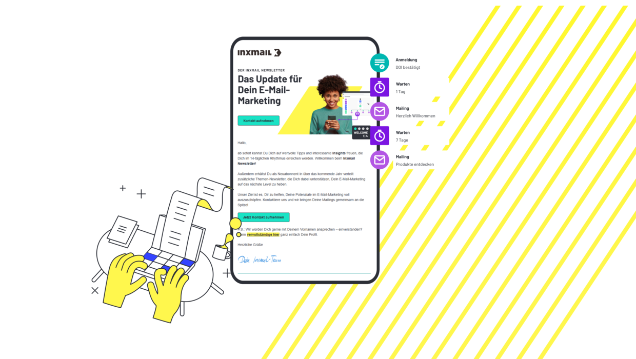 Beispiel einer Inxmail-Willkommensmail mit Newsletter-Vorschau und automatisierter E-Mail-Strecke nach der Anmeldung.