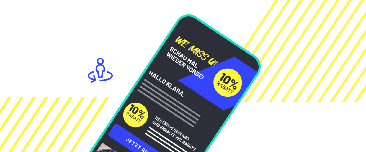 Schräg stehendes Smartphone mit Reaktivierungs-E-Mail und zwei 10% Rabatt-Badges