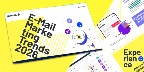 Gelbes Whitepaper-Cover "E-Mail Marketing Trends 2026" mit Illustration, Smartphone-Screenshot und Inxmail-Logo