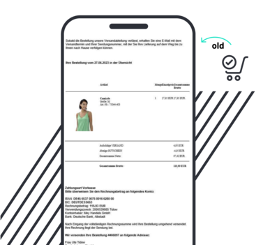 Smartphone showing an order summary, a product photo of a woman wearing a green top, and payment details