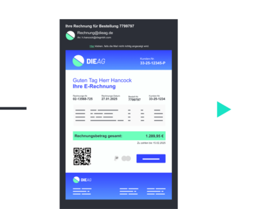 E-Mail-E-Rechnung mit DIEAG-Logo, Betrag 1.289,95 € und QR-Code