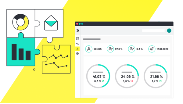 Dashboard mit drei Kreisdiagrammen und Puzzleteilen mit Diagramm- und Briefsymbol