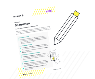 Schräg liegende Checkliste 'Shopdaten' mit Stift- und Smartphone-Illustration