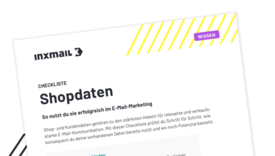 Schräge Dokumentvorderseite mit inxmail-Logo und Titel 'Checkliste Shopdaten'