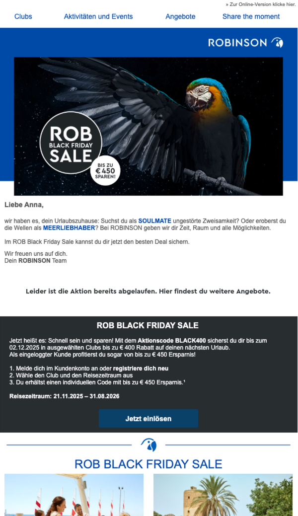 Bunter Ara mit 'ROB Black Friday Sale'-Badge und ROBINSON-Logo