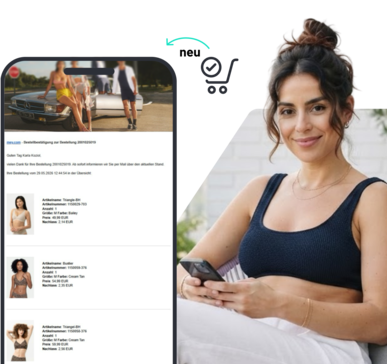 Frau mit Smartphone neben Smartphone-Mockup einer Bestellbestätigung und Einkaufswagen-Icon