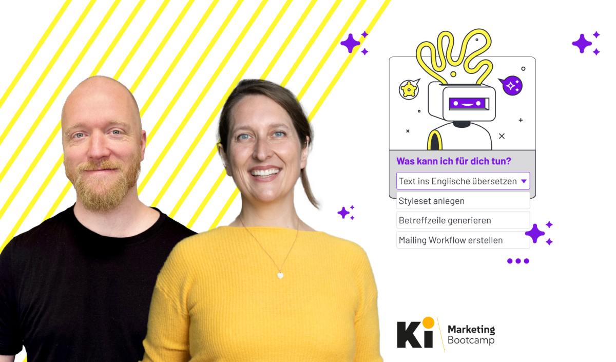 Zwei lächelnde Personen links, rechts Roboter-Illustration und Auswahlmenü