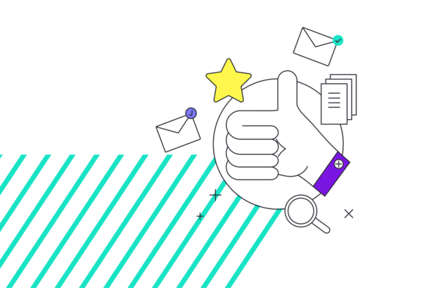 Illustration eines Daumens nach oben mit Stern, E-Mail-Symbolen und Lupe als Zeichen guter Absenderreputation.