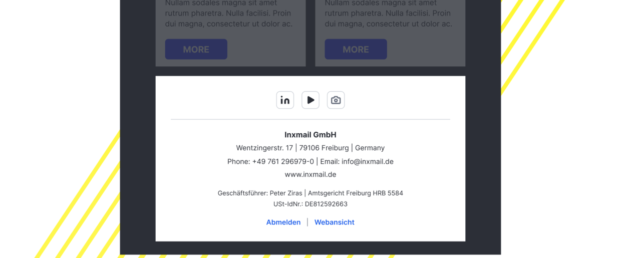 Newsletter-Footer mit Firmenadresse, Kontaktdetails, Social-Icons und Abmelden/Webansicht-Links