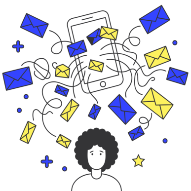 Illustration einer ratlos wirkenden Person unter einem Smartphone, umgeben von zahlreichen blauen und gelben Briefumschlägen und verschlungenen Linien als Symbol für eine E-Mail-Flut.
