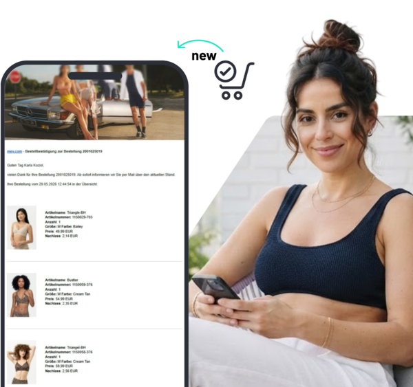 Woman with a smartphone next to a smartphone mockup showing an order confirmation and a shopping cart icon