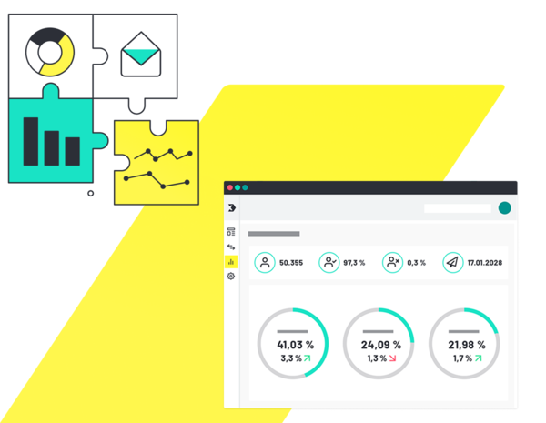 Grafische Darstellung mit Puzzleteilen und Dashboard mit Kennzahlen