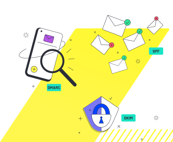 Smartphone mit Lupe, fliegende E-Mails mit grünen Häkchen und roten Kreuzen sowie Labels DMARC, SPF, DKIM