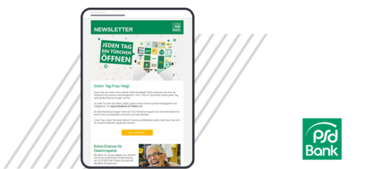 Tablet showing a newsletter layout with an advent-calendar graphic and PSD Bank logo