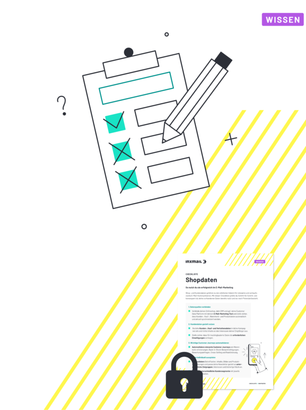 Klemmbrett mit ausgefüllter Checkliste, Bleistift und kleinem Shopdaten-Dokument