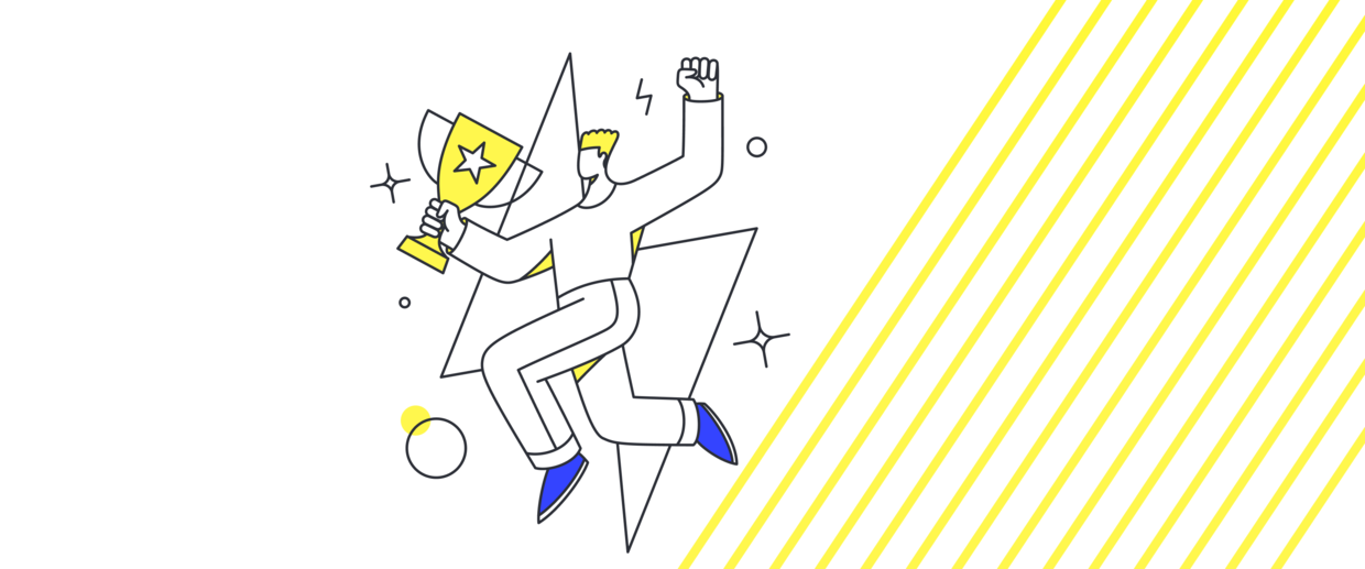 Illustration einer Person mit Pokal als Symbol für erfolgreiches E-Mail-Marketing.