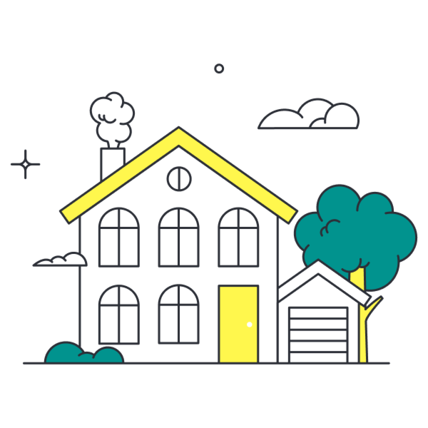 Zweistöckiges Haus mit gelbem Dachrand, Garage und Baum, flache Illustration