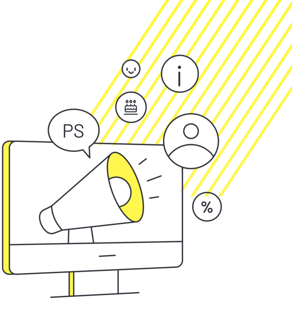 Illustration eines Monitors mit Megafon, Sprechblase 'PS', Icons und gelben Streifen
