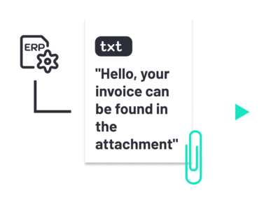Graphic with an ERP icon, an English e-invoice text message, and a paperclip