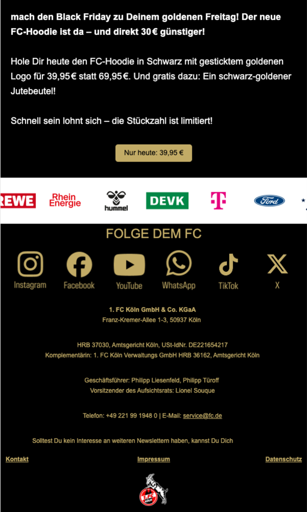 Schwarzer Newsletter-Fuß mit Hoodie-Angebot, Sponsorenlogos und goldenen Social-Media-Icons