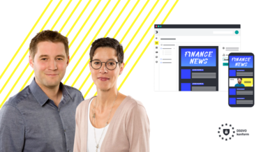 Zwei E-Mail-Marketing-Experten neben einer Darstellung von E-Mails auf Smartphone und Desktop.