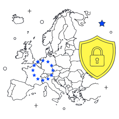 Europakarte mit einem Kreis aus blauen Sternen und einem gelben Schutzschild mit Vorhängeschloss als Symbol für Datenschutz und Datensouveränität in Europa.