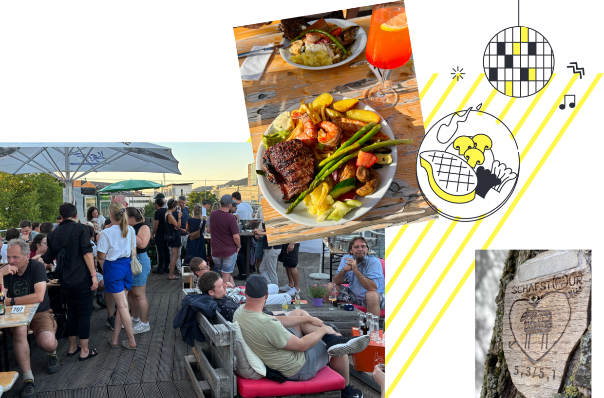 Sommerfest auf Dachterrasse mit Gästen, Teller mit Steak und Garnelen und Holzherz 'SCHAFSTOUR'.