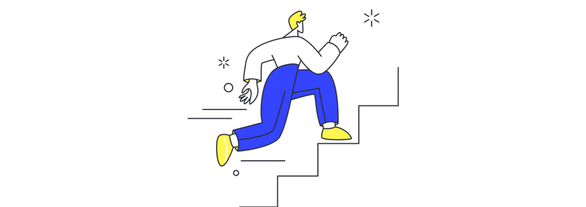 Stilisierte Person rennt eine Treppe hoch, blaue Hose und gelbe Schuhe