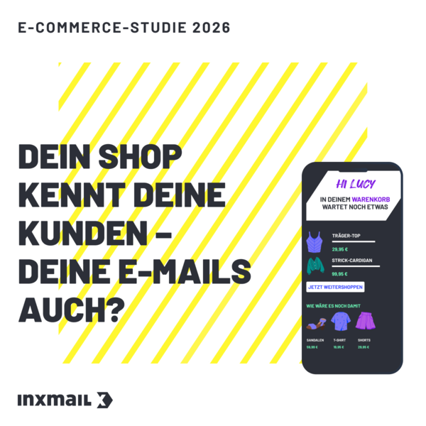 „Dein Shop kennt deine Kunden – deine E‑Mails auch?“ neben Smartphone mit Warenkorb und Produktvorschau