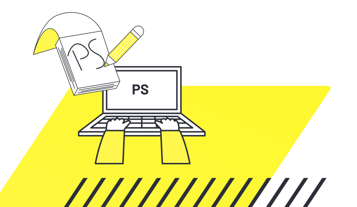 Laptop mit Bildschirmtext 'PS', Notizblock und Bleistift auf gelbem Hintergrund
