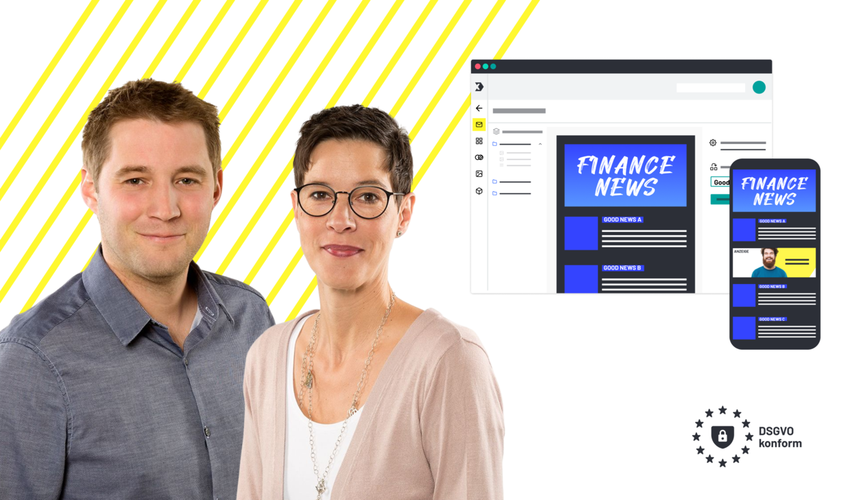 Zwei E-Mail-Marketing-Experten neben einer Darstellung von E-Mails auf Smartphone und Desktop.