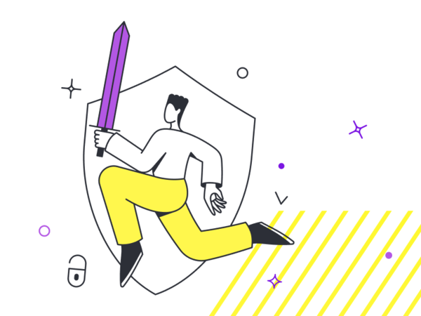 Stilisierte Figur mit violettem Schwert vor Schild, gelbe Hose und diagonale gelbe Streifen