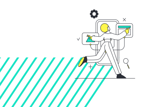 Illustration einer Person bei der technischen Überprüfung eines Newsletters auf einem Bildschirm.